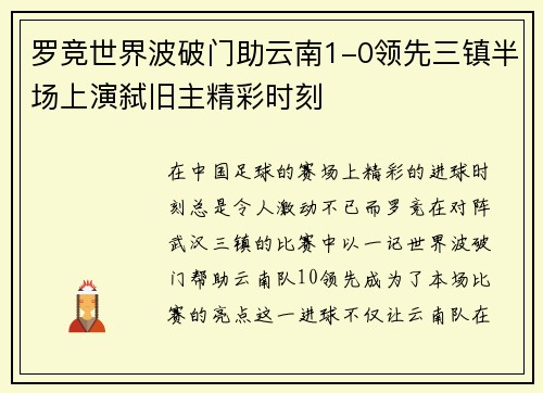 罗竞世界波破门助云南1-0领先三镇半场上演弑旧主精彩时刻