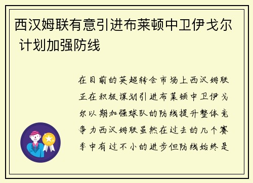 西汉姆联有意引进布莱顿中卫伊戈尔 计划加强防线